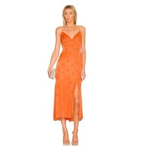 SAU LEE Francesca Midi Maxi Spaghetti Strap Gown Orange Jacquard Leaves Print 10